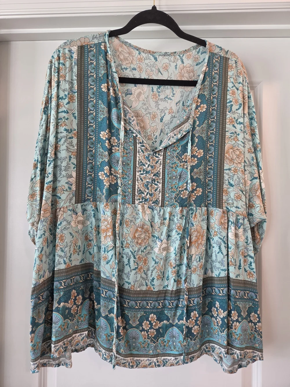 SHEIN Curve Blue Floral Boho Peasant Blouse 1X Flowy Long Sleeve Babydoll Top
